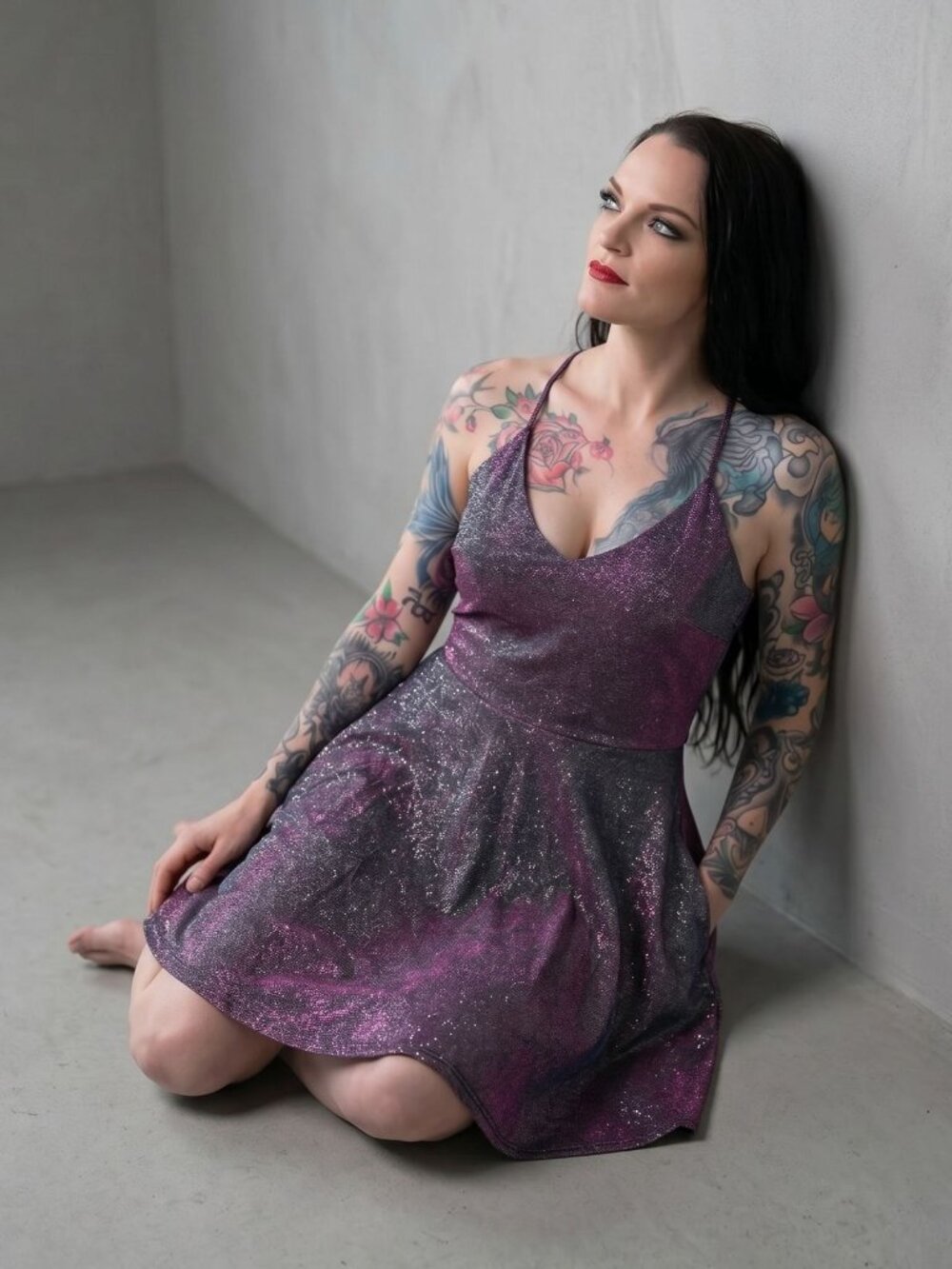 Windsor ✦ Glitter Mini Dress ✦ Purple Criss-Cross Stray Backs Pockets Size S NWT